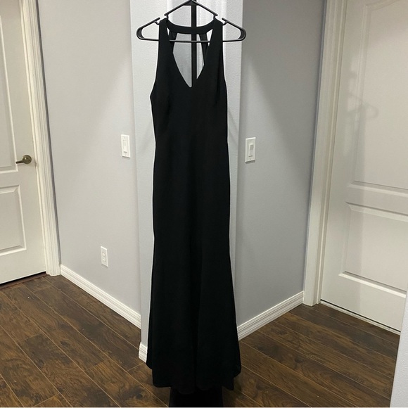 Theia Black High Collar Mesh Neckline Inset Gown Pleated Maxi Mesh Size 4 Flaw - Picture 2 of 10